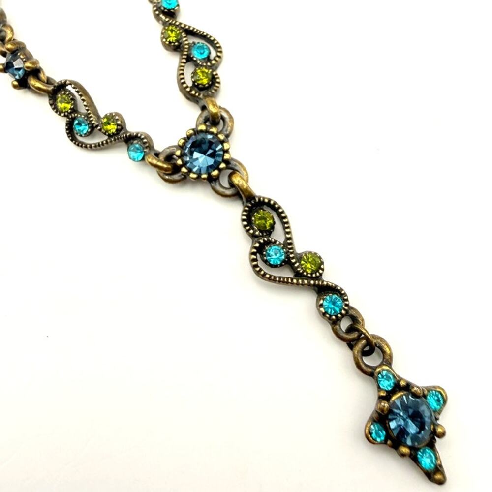 Vintage Cookie Lee Victorian Style Blue Green Crystal Y Drop Necklace Dainty 15"
